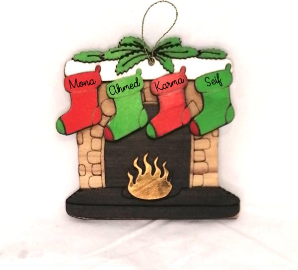 Personalized fireplace with stockings wooden ornament Online Sale