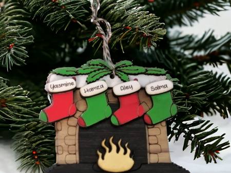 Personalized fireplace with stockings wooden ornament Online Sale