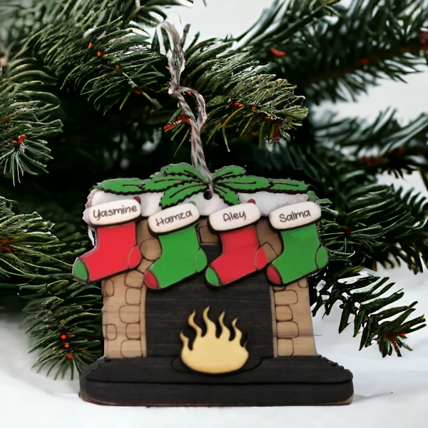 Personalized fireplace with stockings wooden ornament Online Sale